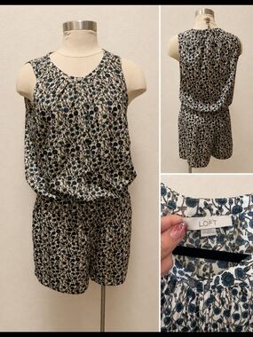 LOFT Sleeveless Floral Romper in Blue and Cream